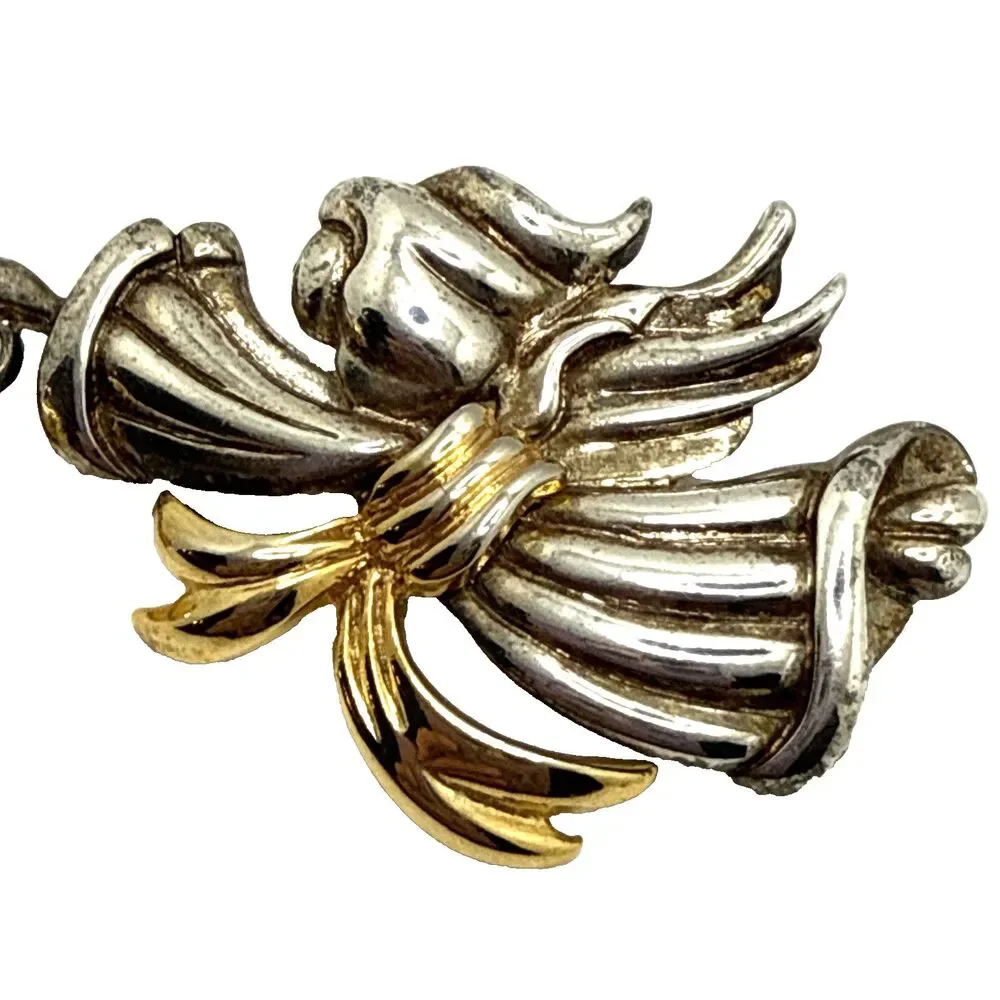 Vintage TONA Angel with Bell Brooch Silver Gold Tone Dangle Charm Pin 2
